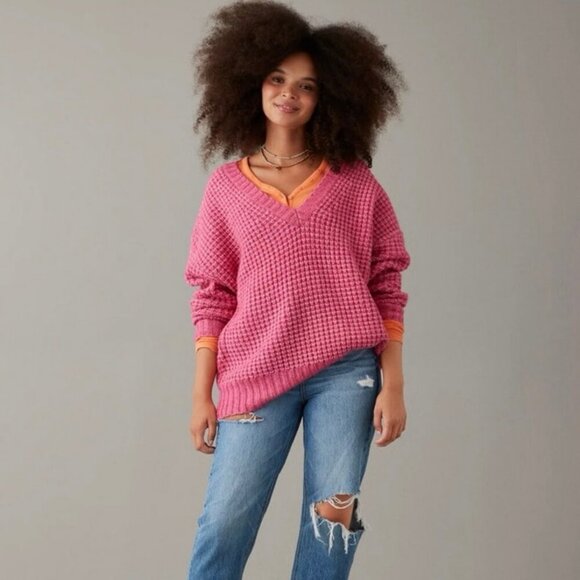 American Eagle Outfitters Whoa So Cozy Hot Pink Waffle V-Neck Sweater Size XS - Picture 1 of 7